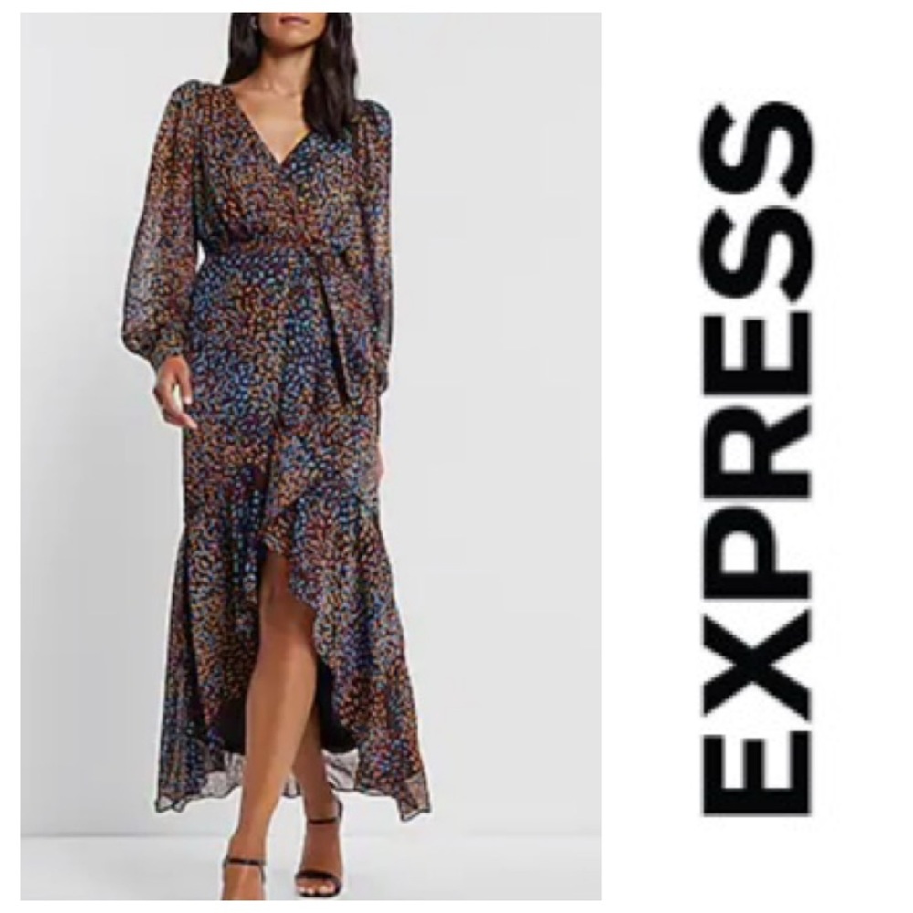 Express Metallic Printed Faux Wrap Ruffle Hi-Lo Maxi Dress